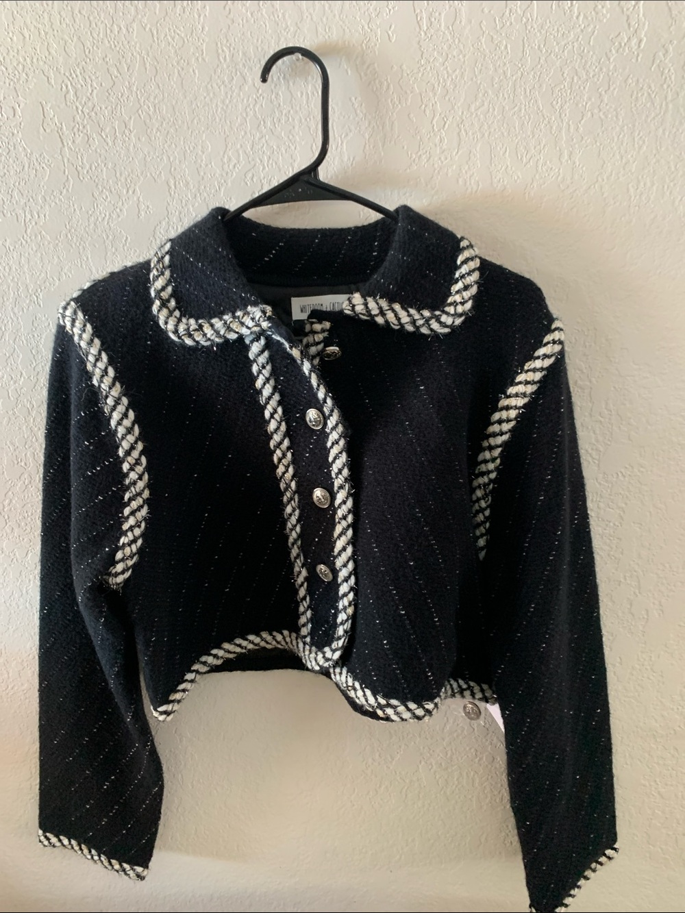 WhiteRoom + Cactus - Black Cropped Knit Cardigan with Contrast Trim
